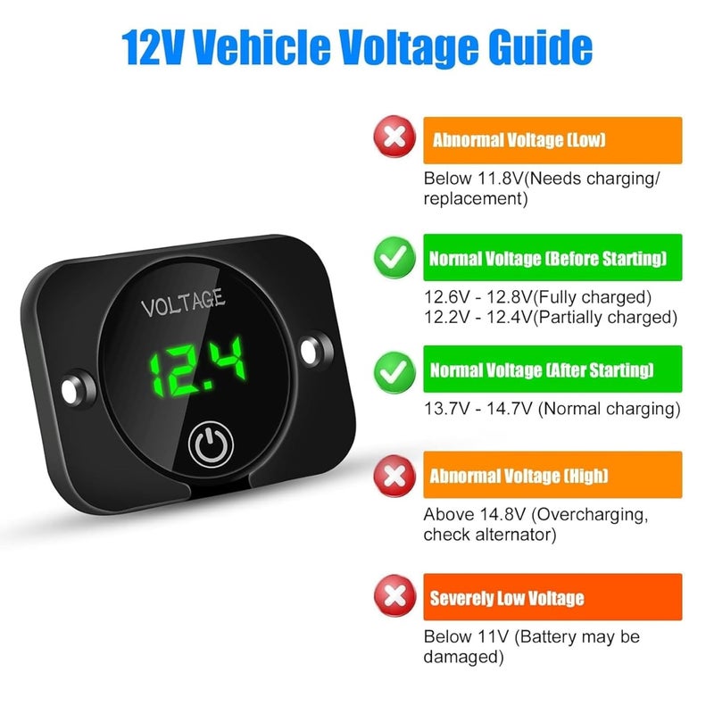 Linkstyle مقياس جهد البطارية، مقياس فولت DC 12V 24V، مقياس جهد رقمي LED، مقياس فولت مقاوم للماء مع مفتاح لمسي للسيارة، RV، الدراجة النارية، القارب، عربة الجولف - Image 4